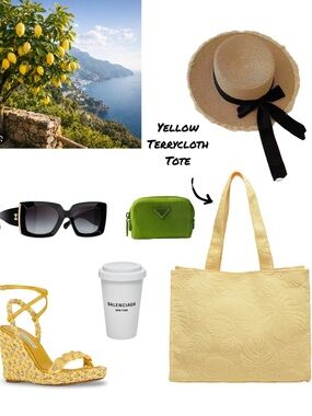 Yellow Terrycloth Tote Bag With Palm Leaf Print